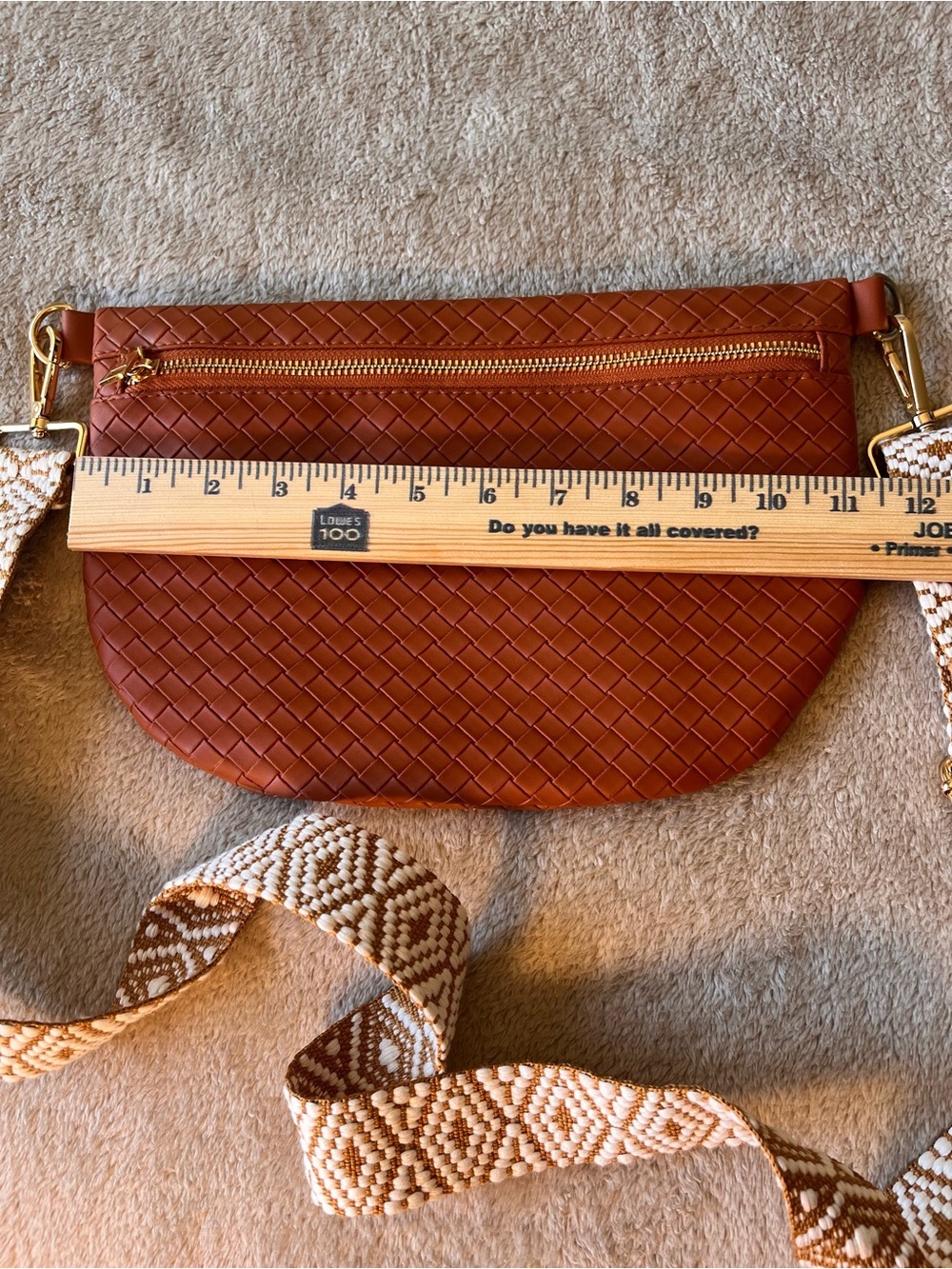 Woven Faux Leather Crossbody Bag Patterned Strap Brown Bum Sling Purse Fanny